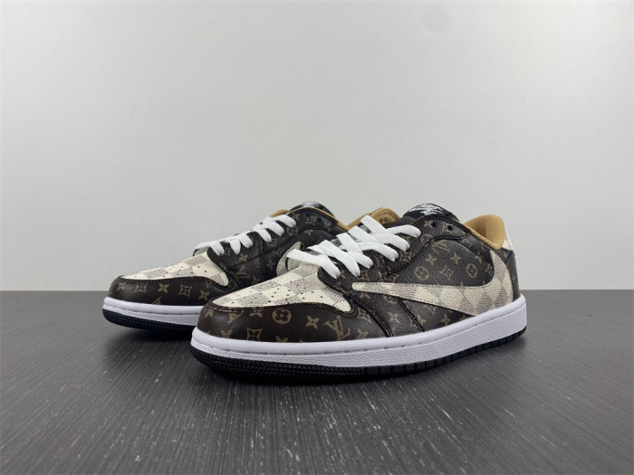 travis scott x nike air jordan 1 low og l0vt monogram brown damier azur dm7866-216