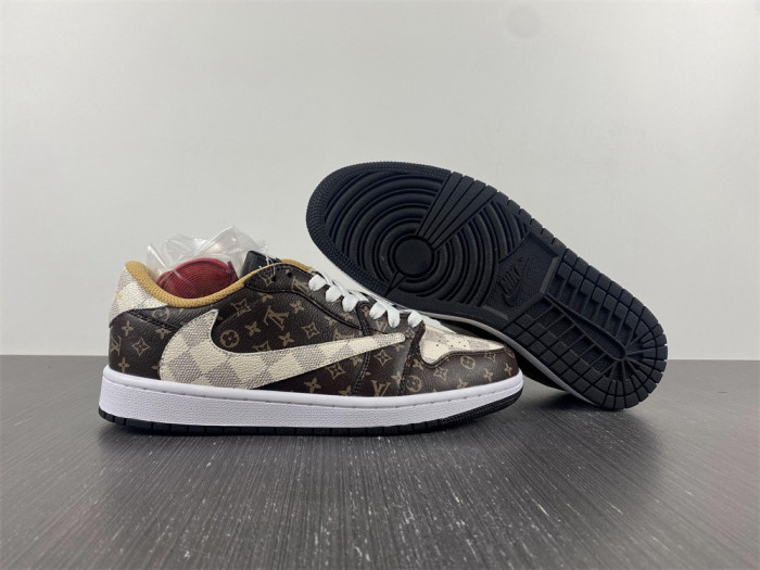 travis scott x nike air jordan 1 low og l0vt monogram brown damier azur dm7866-216