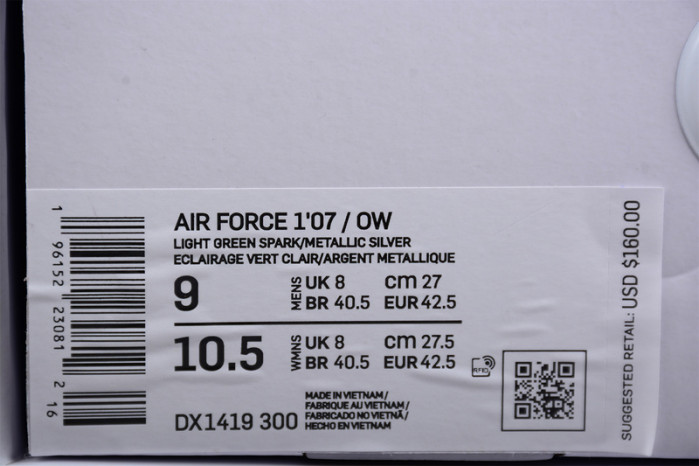ofw x nike air force 1 low light green spark dx1419-300